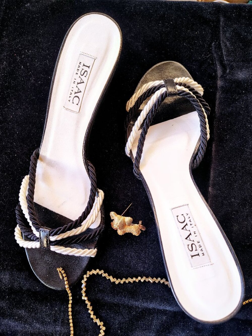 Pair ISSAC MIZRAHI Strappy Black & White Slide-In Espadrille Heels, Size 10 M